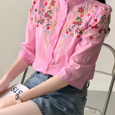 SMTHMA Summer New Vintage Embroidered Flower Jacquard Shirt For Women Romantic Gentle Style Versatile Stand Collar Shirt 4