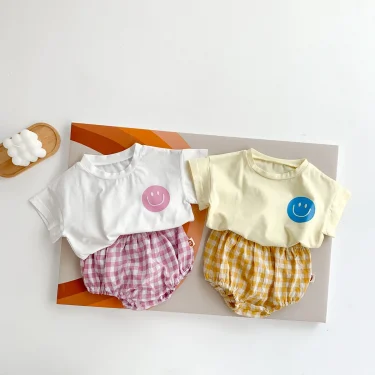 Girls Boys Cotton Smile Face Short Sleeve T-shirt + Plaid Shorts Two-pieces Suit Summer Baby Clothes Set 6