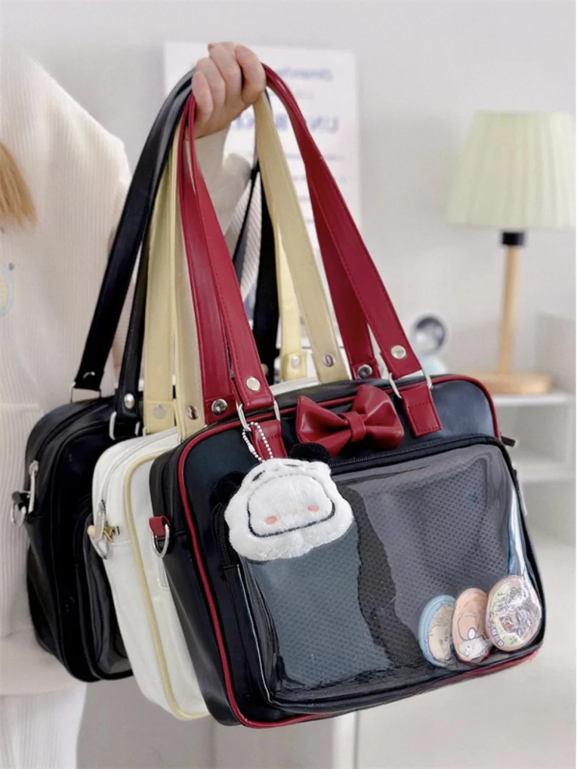 Japanese Style Kawaii PU Leather Itabag Women Transparent Pocket Bowknot Lolita Shoulder Bag Tote Handbags Women Ita Bag JK Girl 1