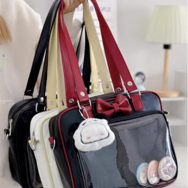 Japanese Style Kawaii PU Leather Itabag Women Transparent Pocket Bowknot Lolita Shoulder Bag Tote Handbags Women Ita Bag JK Girl 1