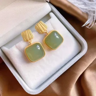 Exaggerated Imitation Jade Green Stone Square Drop Earrings For Women Jewelry Brincos Boho Gift 2