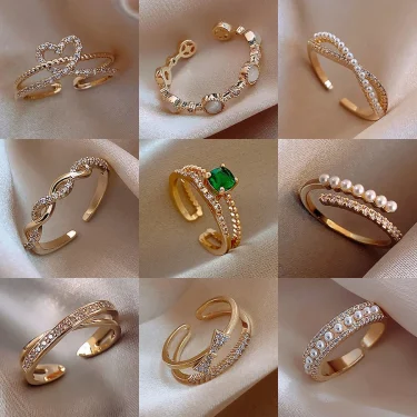 LATS Luxury Gold Color Pearl Zircon Rings for Woman 2021 Vintage Sexy Open Ring Party Joint Ring Fashion Elegant Jewelry Gifts 1