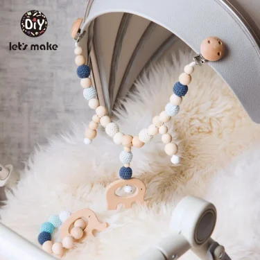 Let's Make Wood Teether Baby Bed Hanging Rattles Toy Make Noise Bird Elephant Shape Crochet Beads Bracelet Pram Clip Baby Rattle 3