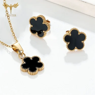 Fashion Black Flower Jewelry Set Golden Stainless Steel Stud Earrings Pendant Necklace Chain Woman Brand Jewelry Accessories 5