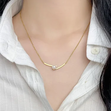 316L stainless steel Fashion One pearl necklace women temperament simple collarbone chain necklace jewelry 2