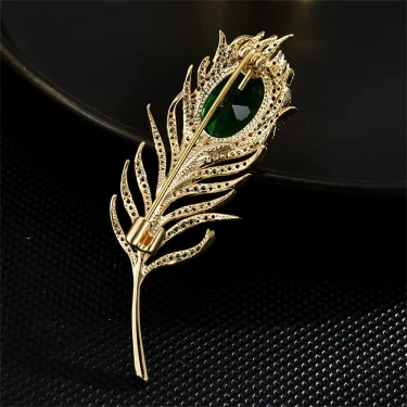 Luxury Crystal Feather Brooch Temperament Green Zircon Brooches Pin For Women Sweater Coat Hat Jewelry Decor Party Accessories 3