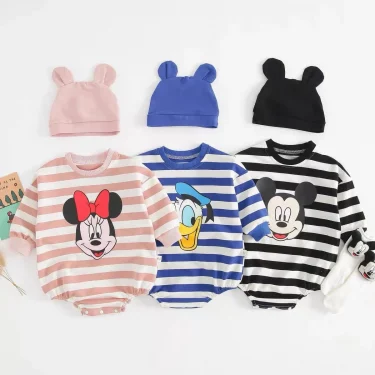 Striped Bodysuit +Knitted Hat Newborn Clothes New Cartoon Print Long Sleeve Jumpsuits Baby Cute Fashion Triangle Pants Rompers 1