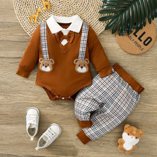 2pcs Baby Boys Cartoon Bear Romper Set, Gentleman Style with Fake Suspenders, 0-18 Months, Cute All-Season Outfit 1