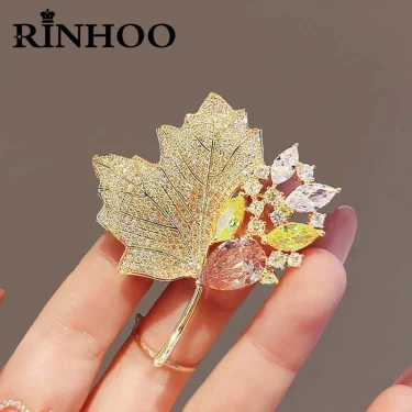 Rinhoo Full Zircon Double Red Plant Leaves Maple Brooches For Women Crystal Leaf Buckle Pins Badge Party Jewelry Gift 2