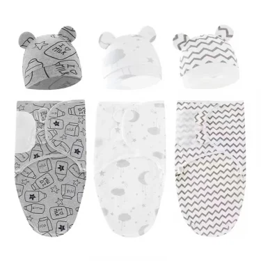 Baby Blanket Hat Set Cartoon Printed Cotton Newborn Swaddle Adjustable Infant Sleeping Swaddle Wraps All Seasons 0-6 Months 2