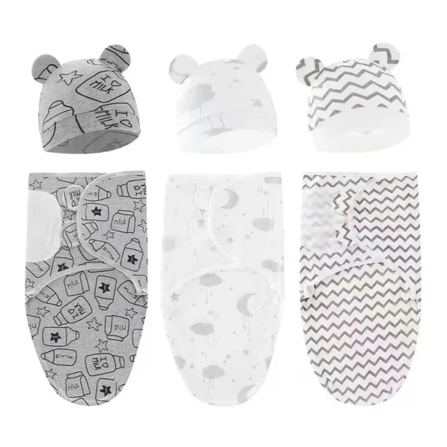 Baby Blanket Hat Set Cartoon Printed Cotton Newborn Swaddle Adjustable Infant Sleeping Swaddle Wraps All Seasons 0-6 Months 2