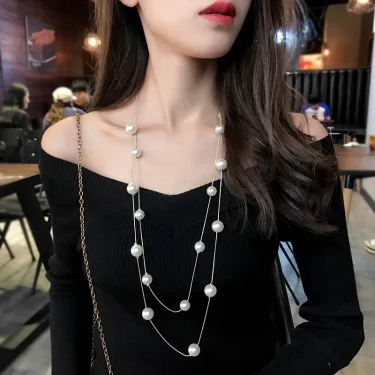 FSUNION 2025 New Long Double Layer Simulated Pearl Necklace Women Sweater Chain Female Collares Statement Jewlery Gifts 2