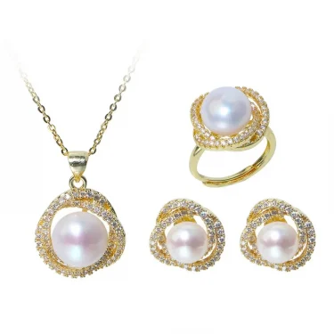New Inlaid zircon Pearl Necklace Ring Earrings Three-piece Set for Women Stylish Daily Accessories Party Jewelry Birthday Gifts 6