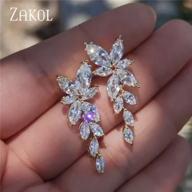 ZAKOL Fashion Leaf Zircon Wedding Earrings for Women White Gold Color Marquise Crystal Bridal Earring Party Jewelry Gift 2
