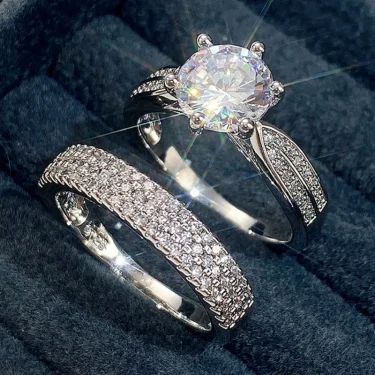 Charm Women Rings Silver Color Round Classic Design White Stone Rings Set Wedding Party Accessories Gift 3