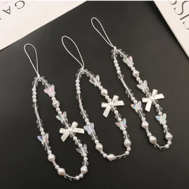 Creative Crystal Bowknot Pearl Beaded Mobile Phone Straps for Women Phone Case Key Chain Bag Pendant Decoration Accessories 1