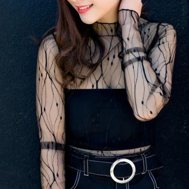Women Fashion T-Shirts Tulle Mesh Versatile Long Sleeve Ladies Printed Tops Casual Thin Base Blouses Lace Sheer Blouses 4