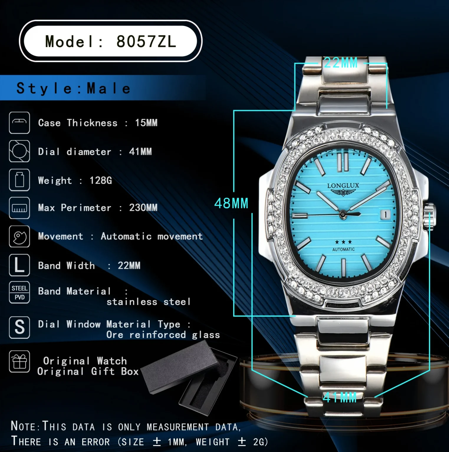 LONGLUX automatic man watch diamond watch luxury stainless steel mechanical watches day date waterproof man watch 5