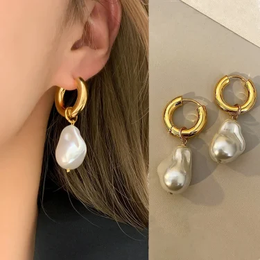 New Vintage Circle Drop Earrings Baroque Pearl Earrings Gold Color Round Earclip Women Temperament Elegant Jewelry Party Gifts 1
