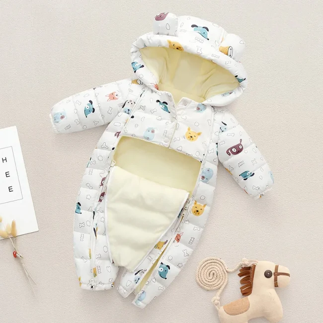 Autumn Winter Baby Jumpsuit Cartoon Printed Hooded Plus Velvet Baby Boy Snowsuit 0-2 Years Newborn Todder Overalls Infant Romper 3