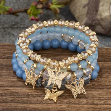 4Pcs Trendy Butterfly Beaded Bracelet Set For Women Pink Acrylic Beads Elastic Chain Bangle Female Bohemian Party Jewelry Gift 6