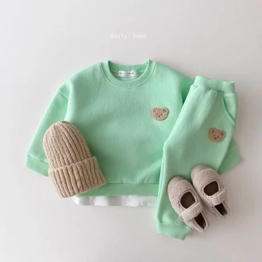 Baby Bear Embroidery Fleece Pullover Set Sweatshirt Tops+Harem Jogger Pants Suits 2pcs Girls Boys Lined Clothes 3