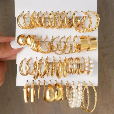 New 24 Pairs Earrings Set for Women Gold Color Bohemia Vintage Pearl Circle Geometric Hoop Earring Trendy Luxury Jewelry Gifts 1