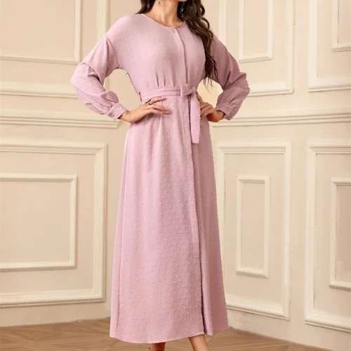 Siskakia Ramadan Muslim Casual Elegant Dress Dubai Bundled Sleeve Belted Kaftan O-Neck Split Hem Abaya 1