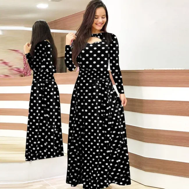 Spring /Autumn Fashion Flower Long Sleeved O-Neck Hollow Slim Fit Dress Women Elegant Long Vestido Maxi Clothes Robe Sexy Femme 2