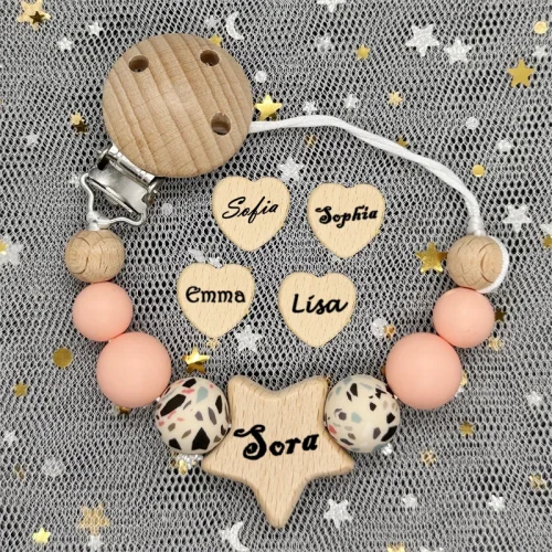 1Pc Personalized Name Custom Wooden Baby Pacifier Chain Clip Silicone Bead Dummy Nipple Holder Baby Teether Pendant Newborn Gift 1