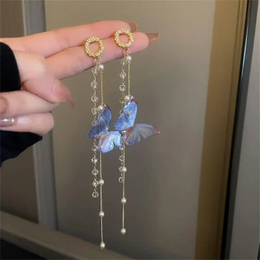 New Luxury Women Zircon Crystal Pearls Long Tassel Butterfly Earrings Stud Dangle Jewelry Gifts 4