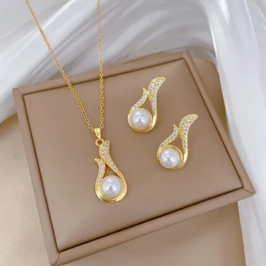 Micro-paved Gorgeous Stainless Steel Charm Fox Tail Fox Pearl Necklace Earrings Set Classic Girls Party Gift 1