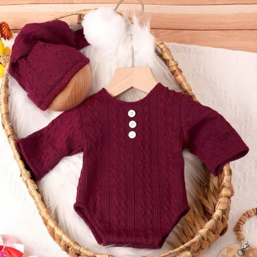 Ylsteed 2 Pieces Set Newborn Photo Shooting Clothes Knitting Baby Boy Jumpsuit with Pompom Hat Infant Photography Props 4