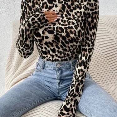 Sexy Tight Women's Bodysuits Women's Small Stand Collar Long Sleeve Fashion Leopard Print Tight Girly Style Bodysuit Top 1