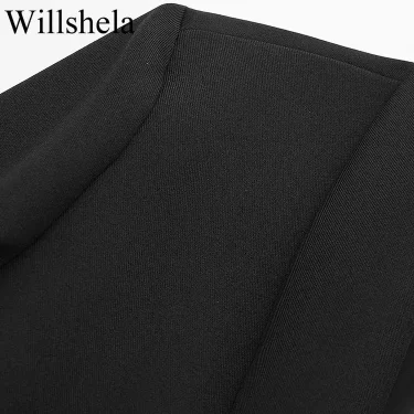Willshela Women Fashion Satin Black With Feather Blazer Jacket Vintage Notched Neck Single Button Long Sleeves Female Outfits 4