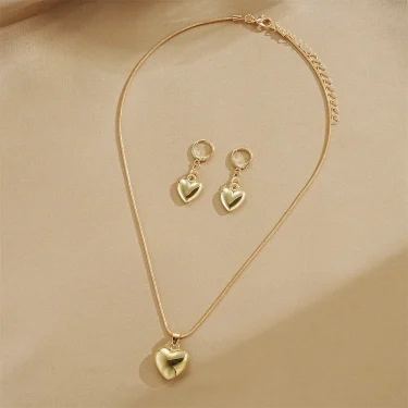 Glossy Gold Plated Metal Love Heart Dangle Earrings Necklace Jewelry Set for Women Simple Dainty Daily Wear Outfit Accessories 4
