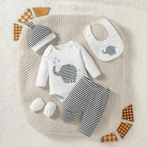 4Pcs Baby Boys Spring/Autumn Long Sleeve Cartoon Elephant Boysuit+ Stripe Trouser For Outfits Chlothing+Hat+Bib+Gloves 1