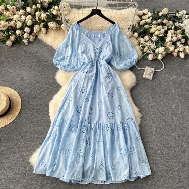 Retro Elegant Embroidery Hollow Out V Neck Chiffon Dress A-line Long Sleeve Casual High Waist Dress Women Summer Clothing 4