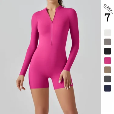 Zipper Tracksuit Set Women Yoga Jumpsuit Stand Collar Half Long Sleeved High Waist Butt Lift Fitness Sports Bodysuit Leggings 1