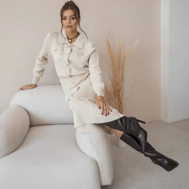 Elegant Knit Blazer Skirt Set Women Black White Brown 2 Piece Matching Set Autumn Winter Vintage Knitted Two Piece Women Sets 4