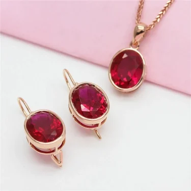 585 Purple Gold Simple Ruby Ladies Jewelry Set 14K Rose Gold Inlaid Oval Ring Earring Necklace Classic Glamour Party Jewelry 3