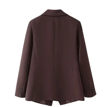 TRAFZA 2025 Female Coats Solid Brown Turn-Down Collar Long Sleeves Pockets 2 Buttons Blazers Autumn Woman's Clothing Vintage 4