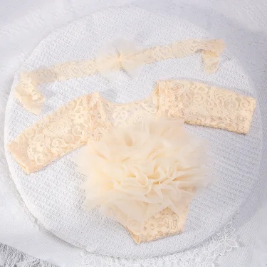 Ylsteed 2 Pieces Set Dusty Pink Newborn Lace Romper for Photo Shooting Fluffy Mesh Lace Photography Outfits with Headband 2