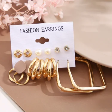Vintage Gold Plated Earrings Set Metal Pearl Heart Twist Geometric Hollow Hoop Earrings For Woman 2024 Fashion Jewelry Gifts 5