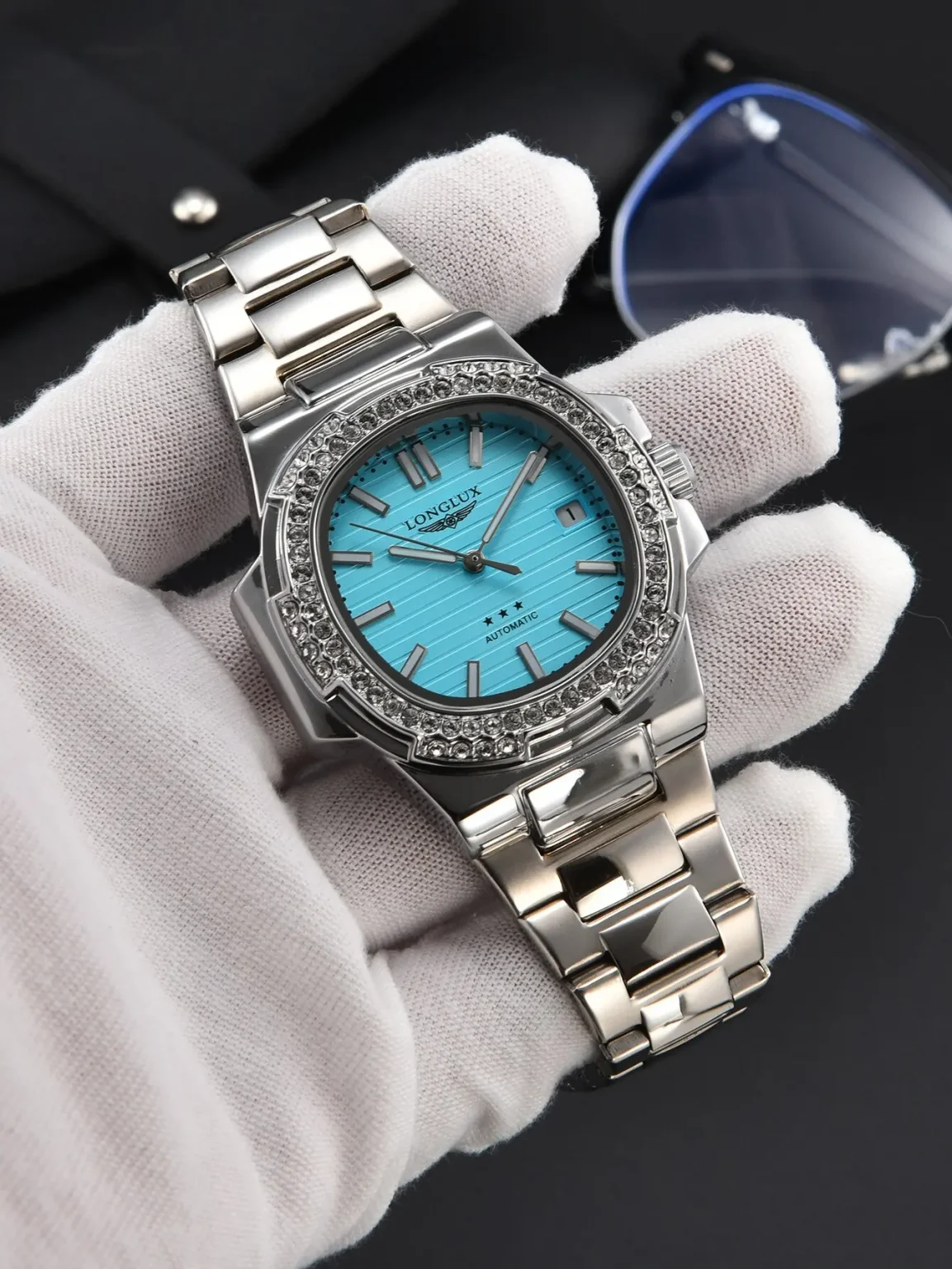 LONGLUX automatic man watch diamond watch luxury stainless steel mechanical watches day date waterproof man watch 3