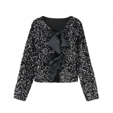 UNIZERA Autumn/Winter New Product Women's Fashionable and Stylish Round Neck Long sleeved Bow Tied Sequin Suit Coat 5
