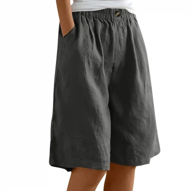 Women's Fashion Solid Color Pants Pocket Button Up Capris Loose Elastic Waist Cotton Linen Shorts 6
