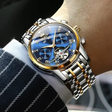 OLEVS Men's Watches Automatic Mechanical Business Wristwatch Waterproof Stainless Steel Strap Watch for Man Skeleton Calendar 4