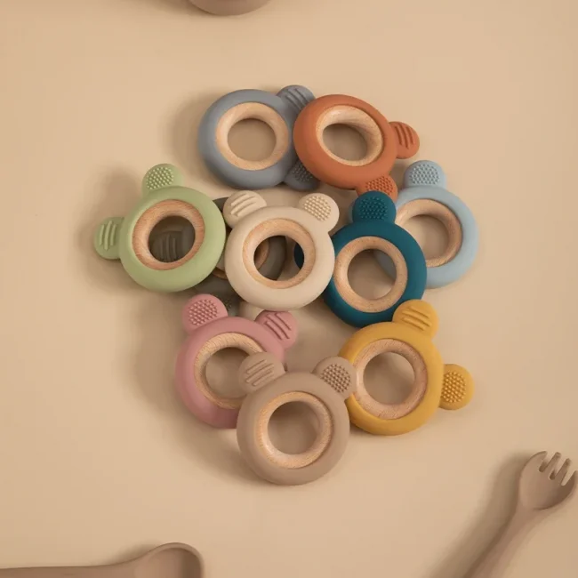 1PC Baby Silicone Wooden Teether Ring Cute Bear Newborn Nursing Teething Toys Infant Health Care Chewing Toy Baby Accessories 2