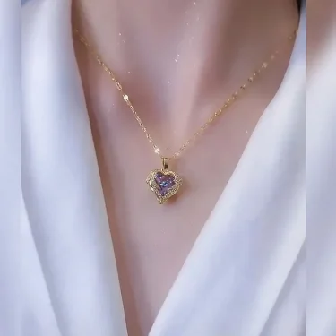 Luxury Colorful Crystal Ocean Heart Pendant Necklace For Women Korean Fashion Stainless Steel Neck Chain Female Wedding Jewelry 3